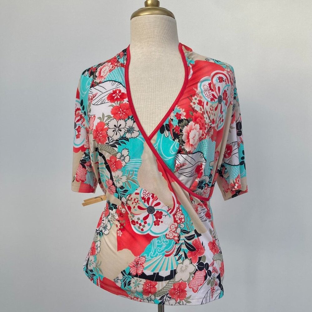 Y2k vintage Sarang Japanese style floral faux wrap top